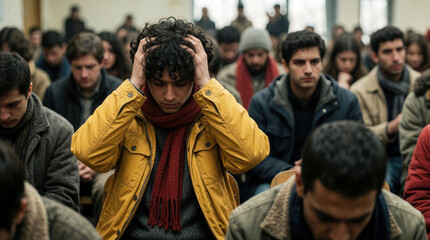 Obraz premium Man holds head in hands feeling overwhelmed in crowded room. People sit together, appearing somber or lost. Focus on one persons distress amidst many.