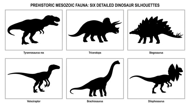 Prehistoric Mesozoic fauna collection, six detailed dinosaur silhouettes, black extinct animal profiles on white background, educational paleontology set