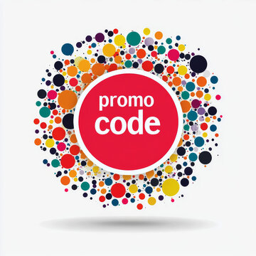 A bright red circular label printed with "promo code" sits at the center, surrounded by scattered multicolored dots, with a soft subtle shadow below on a plain white background.

