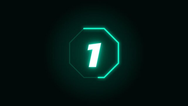 Teal neon octagon countdown from three to go on black background