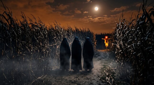 Three dark cloaked figures standing before a glowing scarecrow in a misty cornfield at night