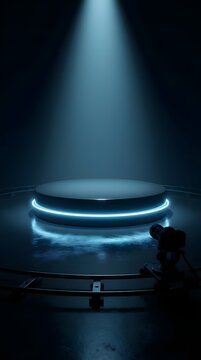 Circular podium with blue neon light under spotlight