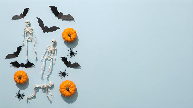 Halloween flat lay composition with skeletons and pumpkins, spooky holiday background with bats and spiders, festive autumn decor on light blue surface halloween