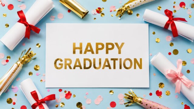 Graduation Day Delight: A festive composition celebrating graduation with rolled diplomas tied by ribbon, confetti, and party poppers, all centered around a Happy Graduation card.