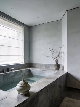 Oriental Zen Private Hot Spring Bath Guest Room Multi-functional Space Rendering Floor-to-ceiling Window Mountain View Spa Beauty Salon Marketing Background