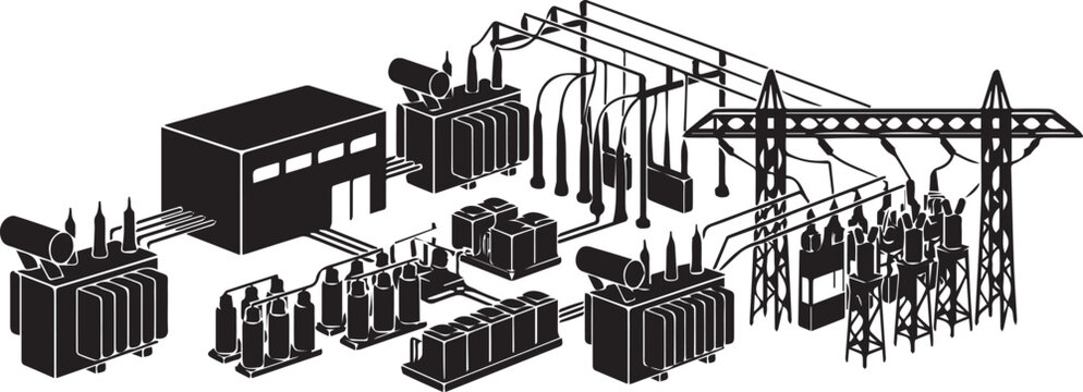 Electrical power substation isometric vector illustration featuring transformers, transmission infrastructure, high voltage equipment, energy distribution, industrial electrical engineering system