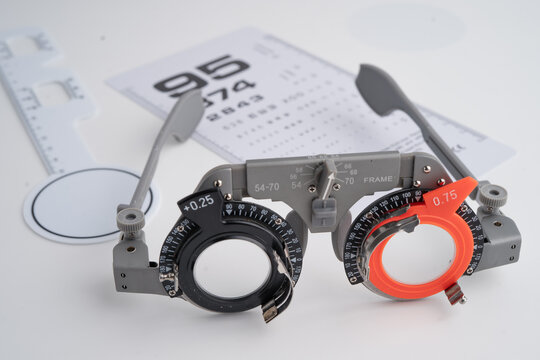 Ophthalmic trial frames to visual acuity eye test.