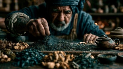 Obraz premium A cinematic close-up of an artisan blending loose tea leaves and dried botanicals in a dimly lit workshop, emphasizing texture, steam, and hand movement.