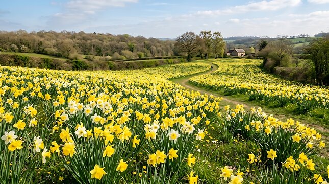 A beautiful vibrant field of blooming yellow daffodils under a bright blue sky during a sunny spring day in england