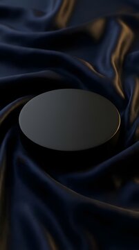Dark circular podium on navy blue silk fabric