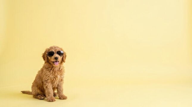 Cute Goldendoodle puppy wearing sunglasses sitting against a solid yellow background