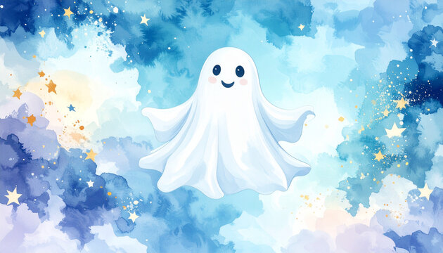 Cute Ghost Floating in Blue Starry Night Sky Watercolor Style Halloween Illustration For Spooky Seasonal Projects