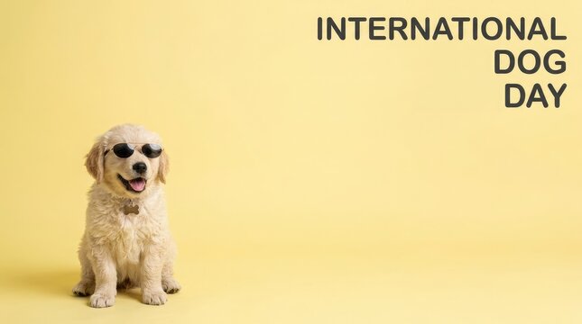 Cute Golden Retriever puppy wearing sunglasses with international dog day text on yellow background