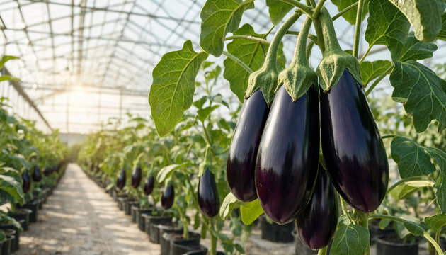 Close up of ripe purple eggplants hanging from green vines in a greenhouse with rows of plants stretching into the distance under sunlight