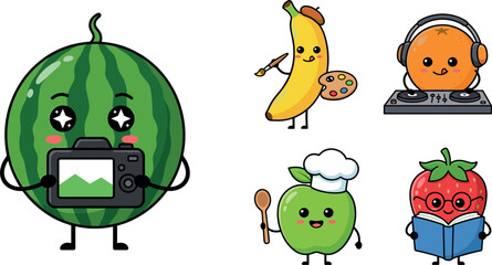 Fototapeta premium Cute Kawaii Fruit Mascot Character Set Featuring Photographer Watermelon Artist Banana DJ Orange Chef Apple and Reader Strawberry Illustrations for Kids Media Designs