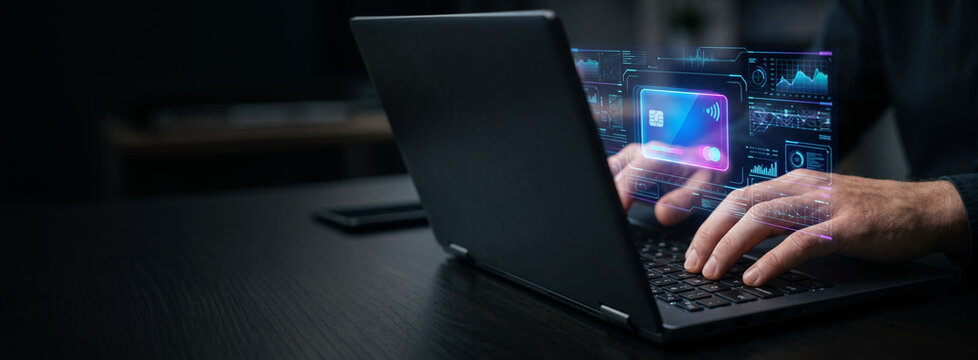 Credit Card, Debit Card in digital format on Laptop Interface, Business concept, Online payment, Digital Credit Card, Debit Card  Concept on Laptop Interface