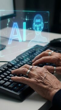 Elderly hands typing on keyboard with artificial intelligence hologram