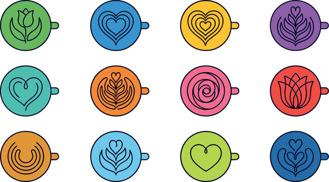 Coffee latte art icons set with top view colorful cups featuring heart tulip rosetta and swan foam design elements vector illustration