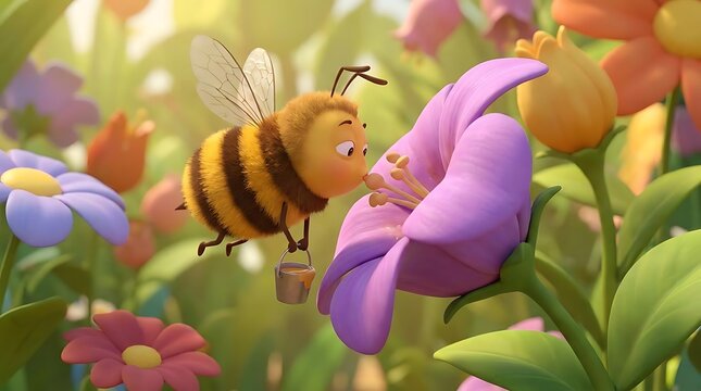 Animated honeybee collecting nectar from a purple flower.