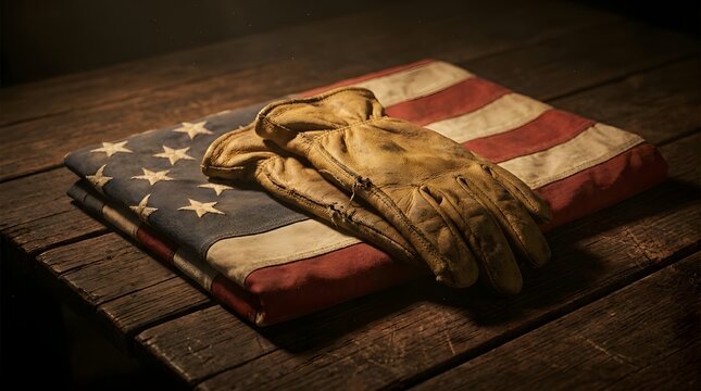 Folded American flag and leather gloves on wooden surface