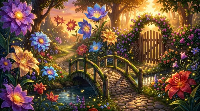 Whimsical garden path with colorful giant flowers and small wooden bridge
