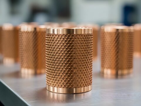 Closeup of copper honeycomb heat exchanger cylinder on industrial metal surface