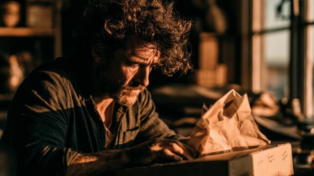 A man with curly hair and a beard carefully packs a box with tissue paper in a warmly lit studio, capturing a moment of quiet dedication and entrepreneurial effort.
