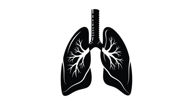 Black silhouette of human lungs with branching bronchioles on a white background