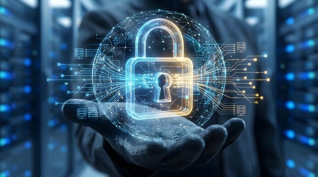 Glowing digital padlock held in hand in server room