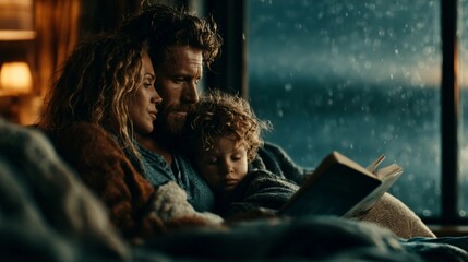 Obraz premium A family of three rests together on a cozy sofa, reading a book by a rain-streaked window in a warm, intimate home setting.