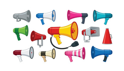 A diverse collection of colorful megaphones . featuring loudspeakers, bullhorns, speech amplifiers, handheld horn speakers, communication equipment . © Mijanur