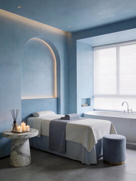 English: Blue Luxury SPA Homestay Guest Room Real Shot Set Modern Minimalist Wellness Massage Room Interior Photography E-commerce Hotel Promotion Background Material