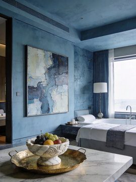 English: Blue Luxury SPA Homestay Guest Room Real Shot Set Modern Minimalist Wellness Massage Room Interior Photography E-commerce Hotel Promotion Background Material