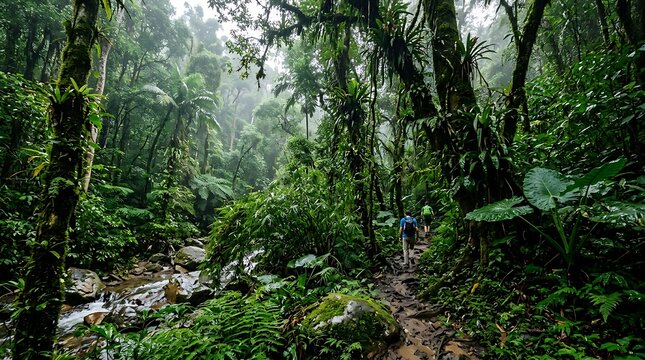 Lush tropical rainforest landscape with dense green foliage and tall trees in a misty environment during a rainy day in nature
