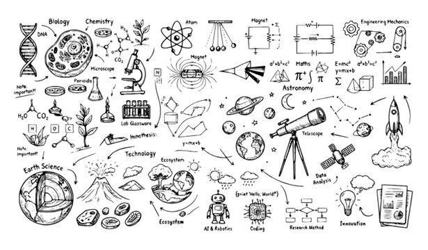 STEM Science Doodle Elements Hand Drawn Marker Illustration