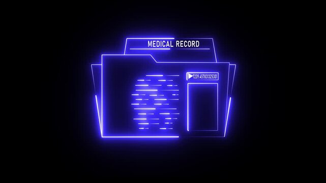 A glowing blue neon folder icon on a black background, representing data storage, organization, and digital files