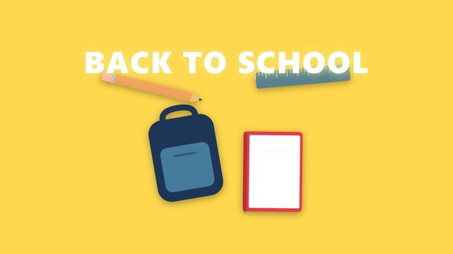 Back to School Supplies and Text on Yellow Background.