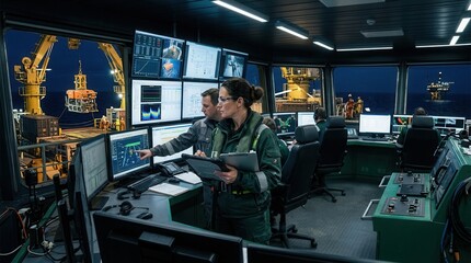 Fototapeta premium Offshore control room with engineers monitoring operations on screens, featuring a crane and oil rig visible through the window at dusk.