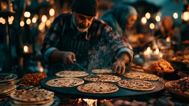 A vendor prepares steaming flatbreads on a griddle at a bustling evening market, captured with warm lighting and a shallow depth of field.