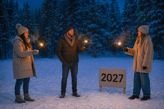 Three friends hold sparklers beside a 2027 sign during an outdoor New Year celebration in a snowy forest.