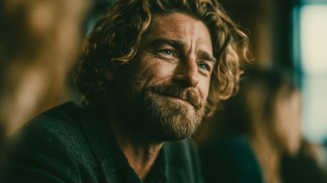 A close-up portrait of a bearded man with curly hair, softly lit by natural window light, conveying warmth and attentiveness in a cinematic style.