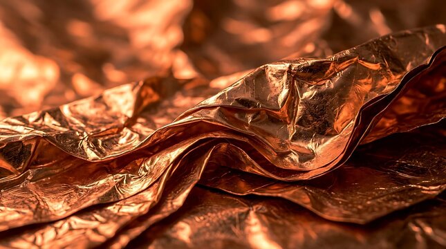 Abstract background of crumpled copper foil with metallic texture and soft lighting