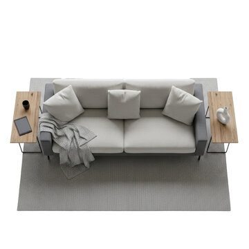 A top-down aerial view of a modern grey sofa with plush linen cushions, wooden side tables, and a woven grey rug on a white background. Minimalist luxury atmosphere