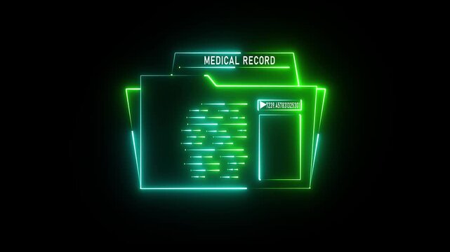 A glowing green and cyan neon folder icon on a black background, representing data storage, organization, and digital files
