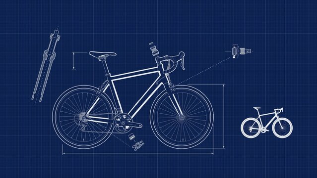Technical blueprint drawing of a road bicycle with exploded parts with exploded components dimensions displays technical transportation manufacturing