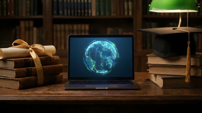 Laptop with digital globe and graduation cap in library