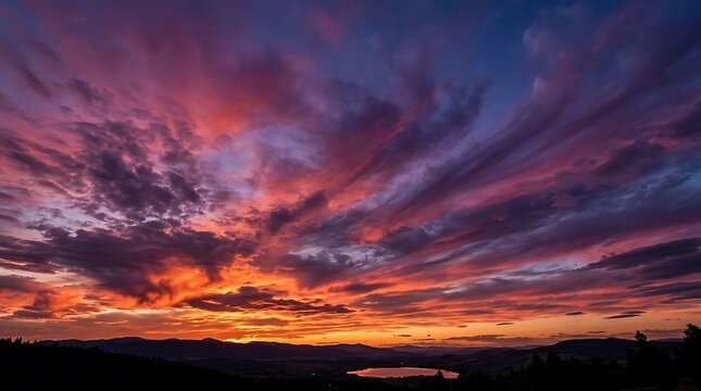A breathtaking panoramic view of a vibrant sunset with dramatic purple and orange clouds filling the expansive evening sky over horizon