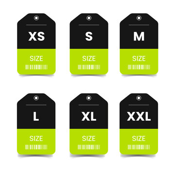 Collection of clothing size labels on transparent background