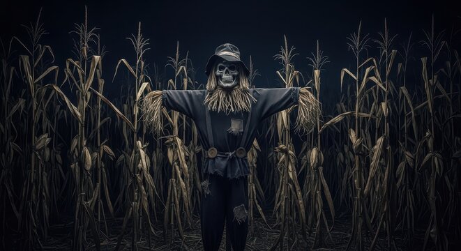 Scarecrow standing in a cornfield at night 