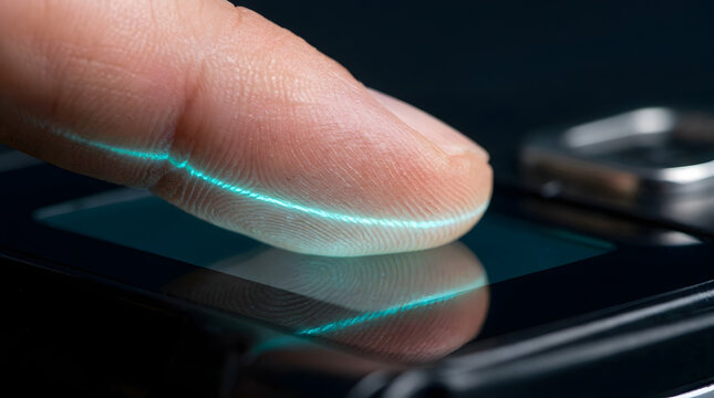 Finger biometric scanner for digital security identification. Suitable for techrelated articles, cybersecurity concepts, and biometric authentication graphics.